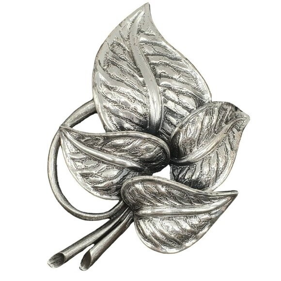 Tortolani Leaf Brooch Layered Leaves Silver Tone Pin Botanical Cluster 3.5" MCM - Picture 4 of 10